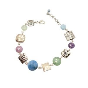 Boho Colorful Artisan Multi Gemstone Silver Link‎ Bracelet Blue Purple Green Mix